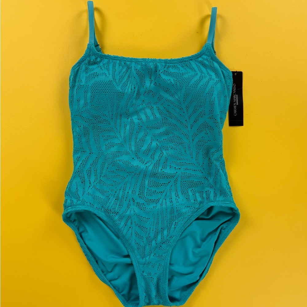 Carmen Marc Valvo One Piece Swimsuit Crochet Style Teal Blue Size 6 NWT